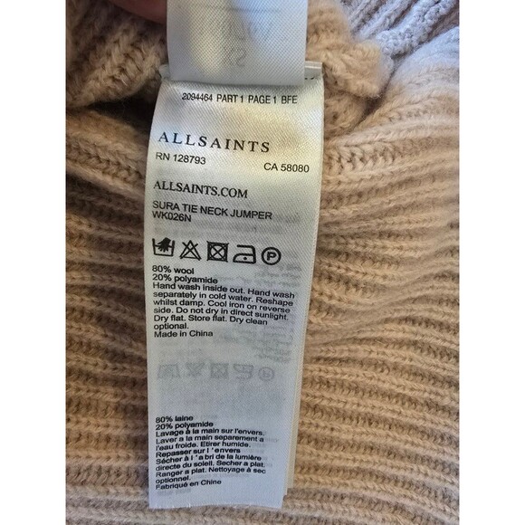 All Saints sura tie neck jumper wool blend sweater light pink women's size XS - Picture 9 of 11